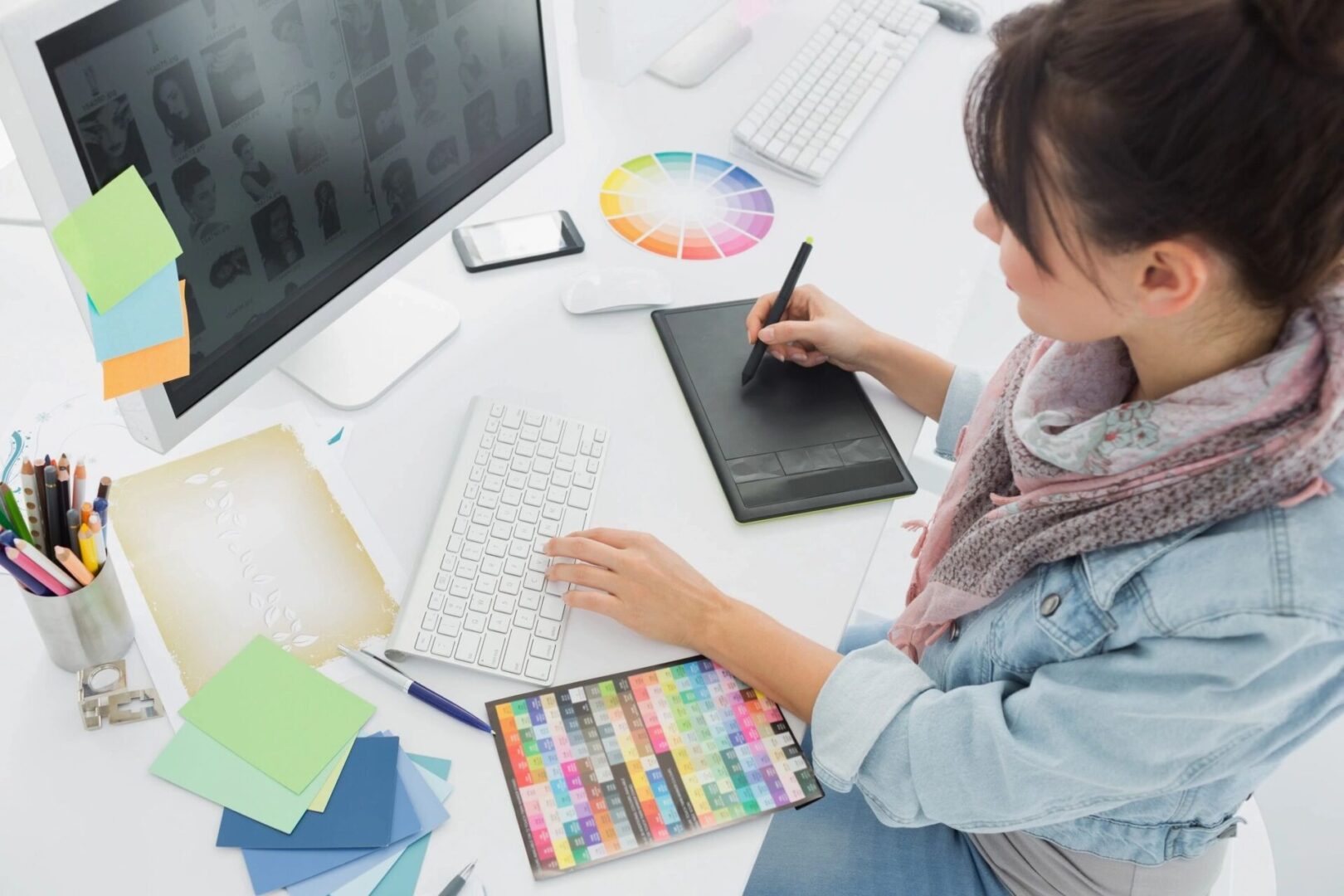 A woman using a computer and drawing on it.