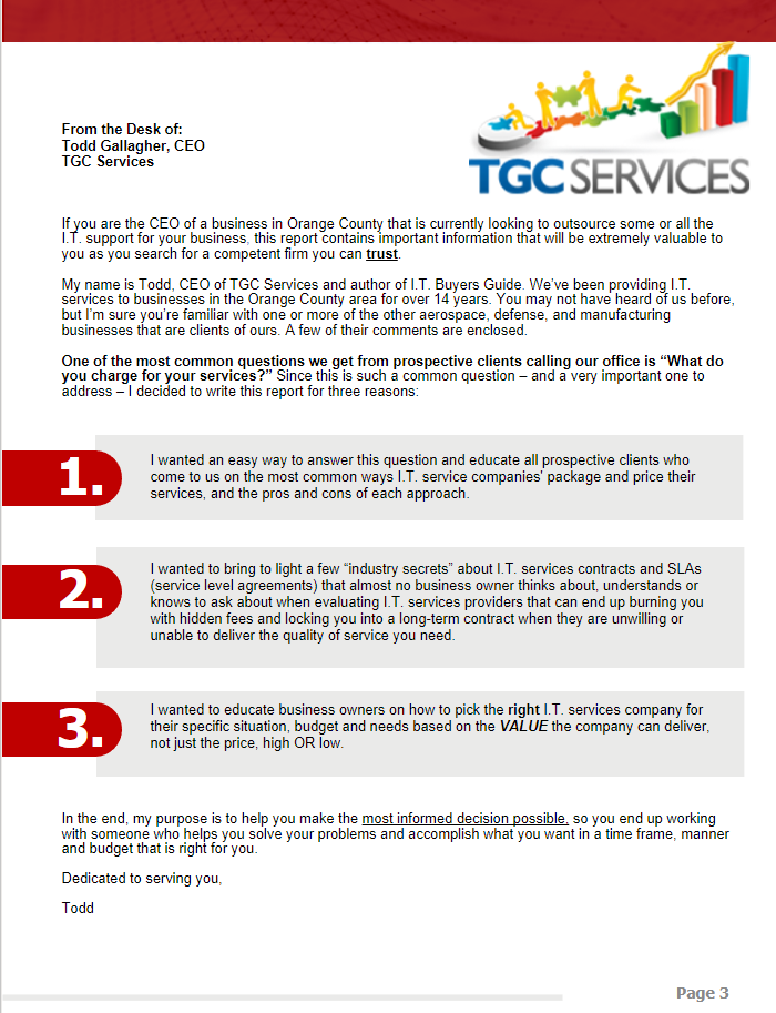 A sheet of tgc services with all the information from todd gallagher